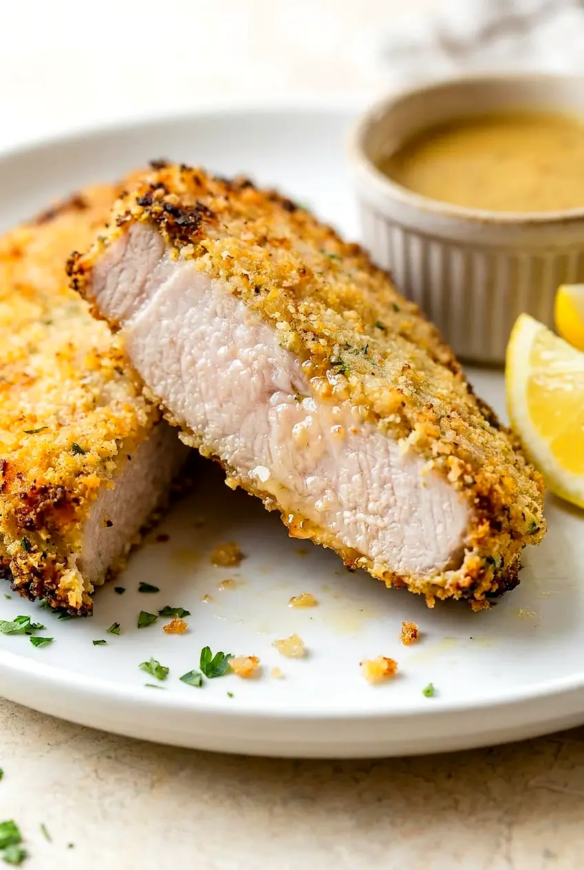 Close-up of sliced Air Fryer honey mustard pork chop showing juicy center and crunchy panko coating.