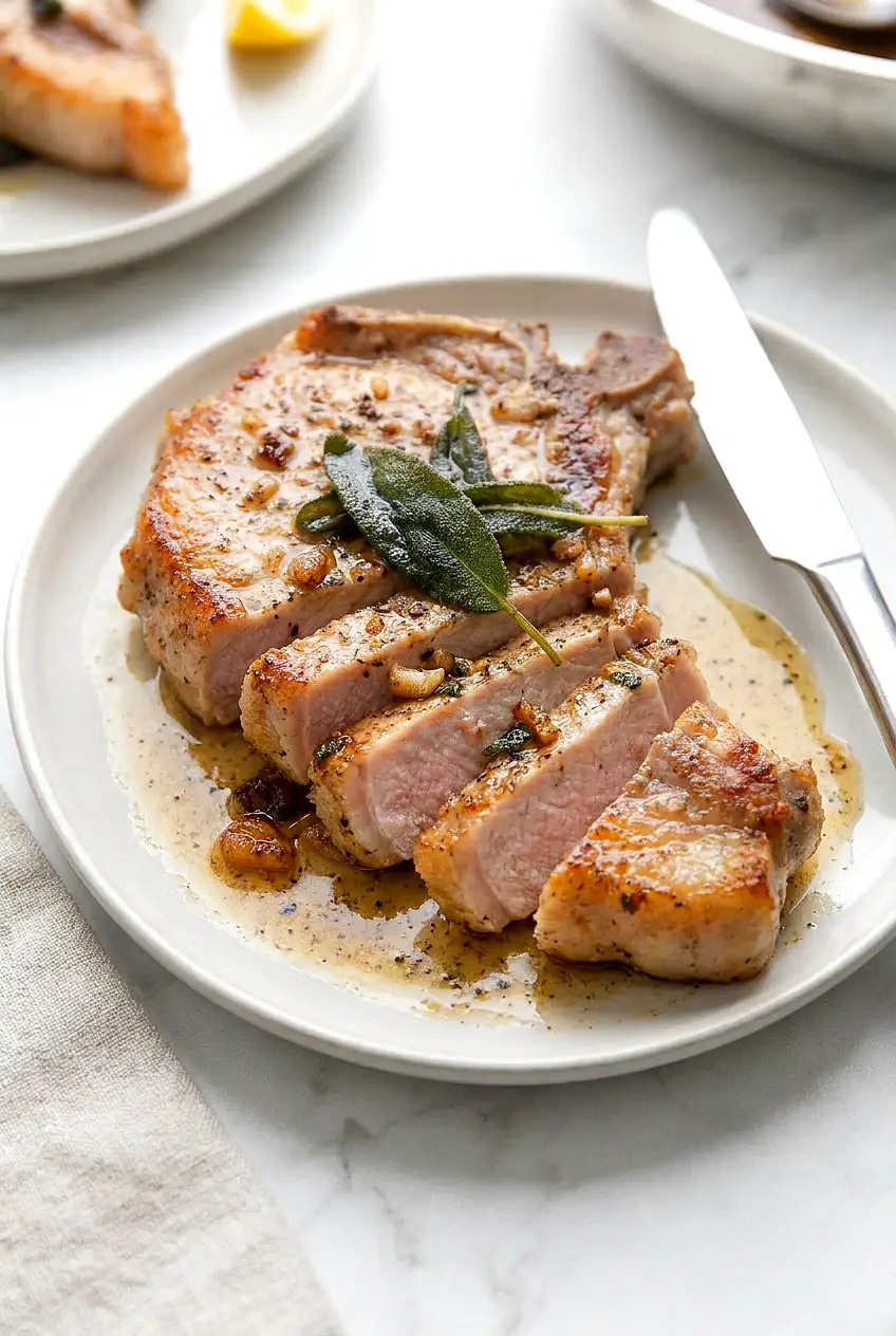 Close-up of sliced air fryer pork chop showing juicy center, golden crust, and spooned sage brown butter with crispy sage.