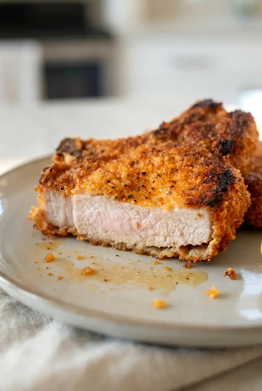 Close-up of sliced keto air fryer pork chop showing juicy center and crunchy pork-rind crust.
