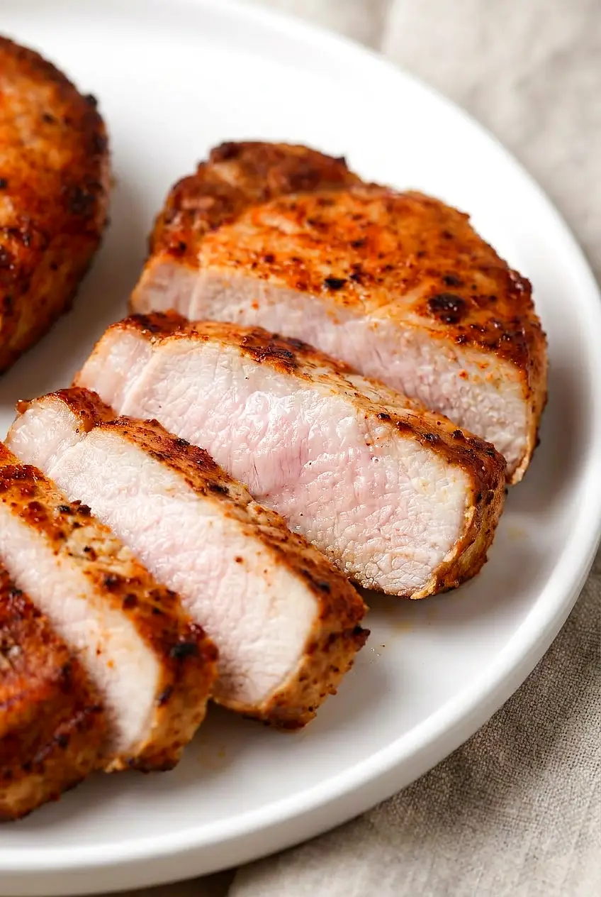 Close-up sliced air fryer frozen pork chop showing juicy interior and light browning on the seasoned crust.