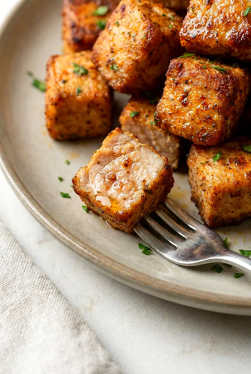 Close-up of air fryer pork chop bites showing a juicy interior and browned, crisp edges.