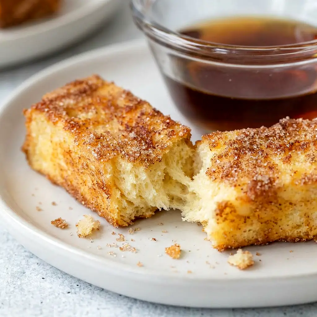 Close-up of an air fryer cinnamon sugar French toast stick torn open, showing a tender interior and crisp, sugared crust.