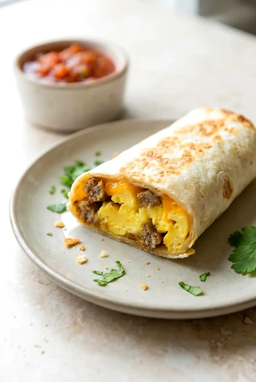 Close-up of cut-open air fryer breakfast taquito with soft eggs, sausage, and melted cheese in a crisp tortilla.