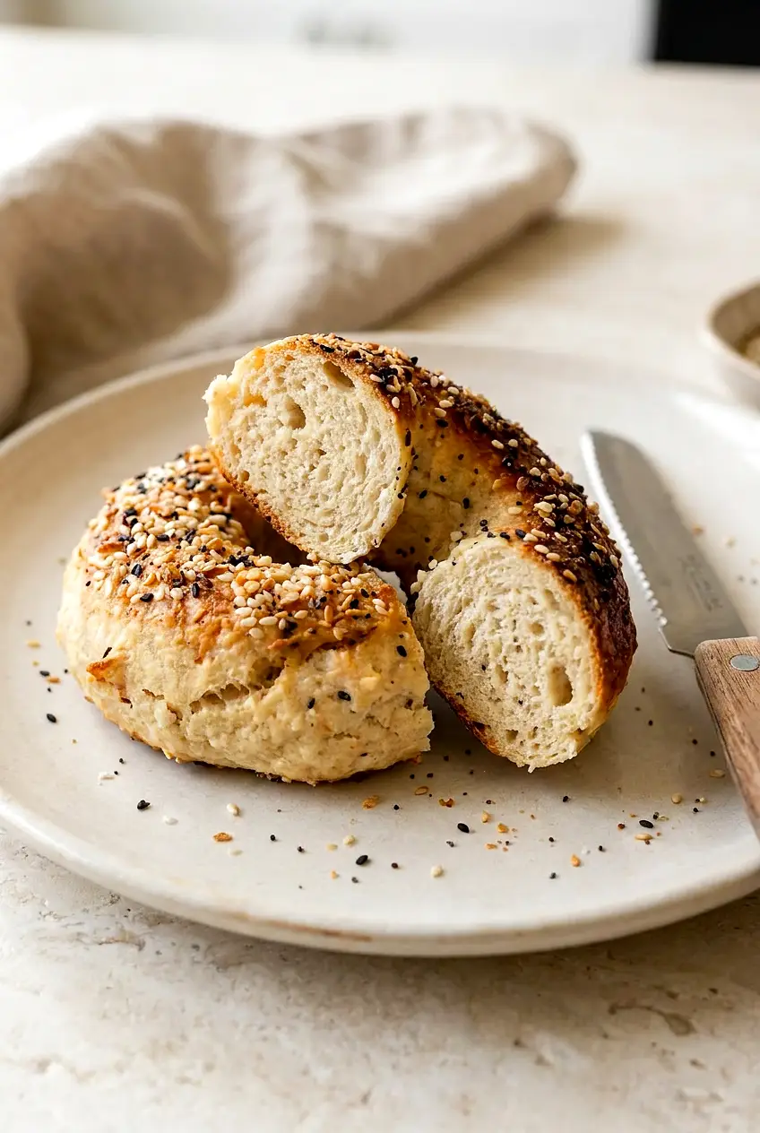 Close-up of a sliced air fryer cottage cheese protein bagel showing tender crumb and a lightly browned, seeded crust.