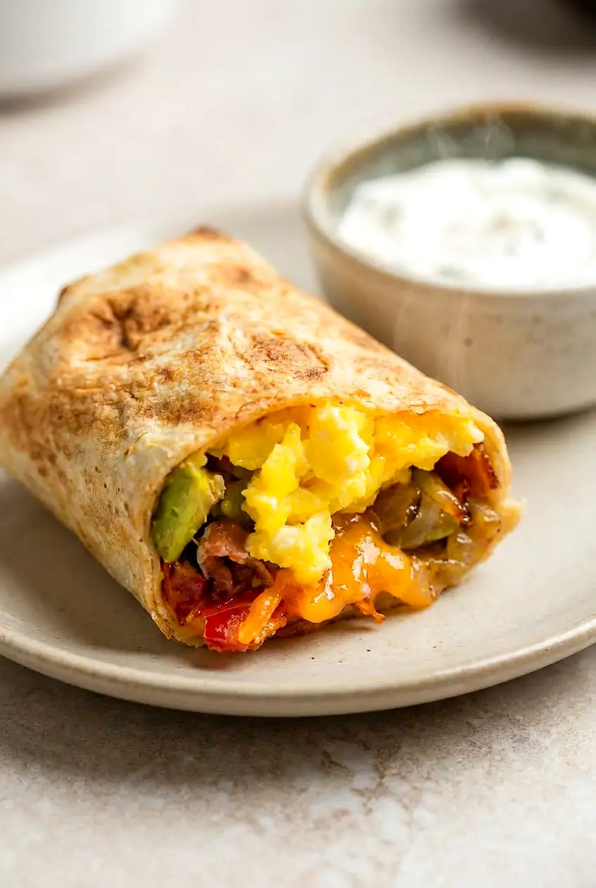 Close-up of a cut Air Fryer breakfast burrito with soft eggs, bacon, tomato, avocado, and melted cheese in a crisp, golden tortilla.