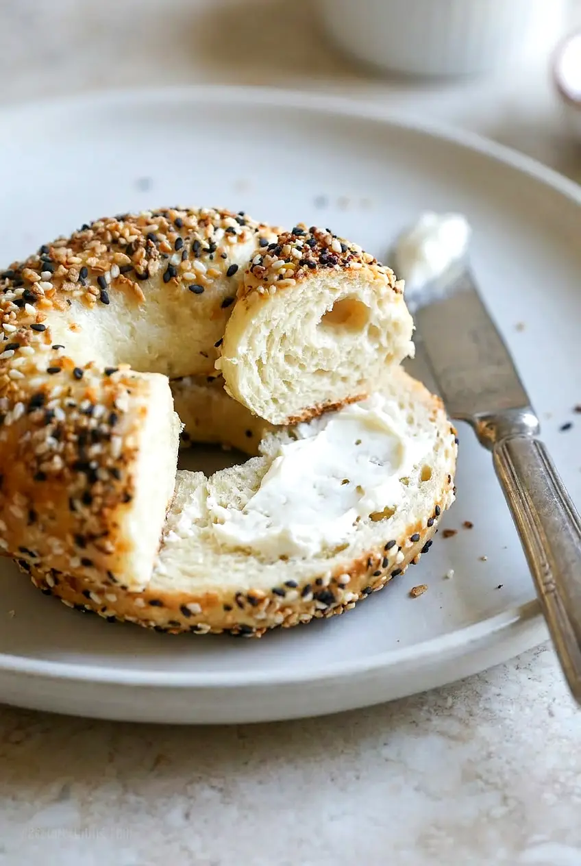 Close-up of a split Greek yogurt bagel showing tender crumb and a browned, seeded top.