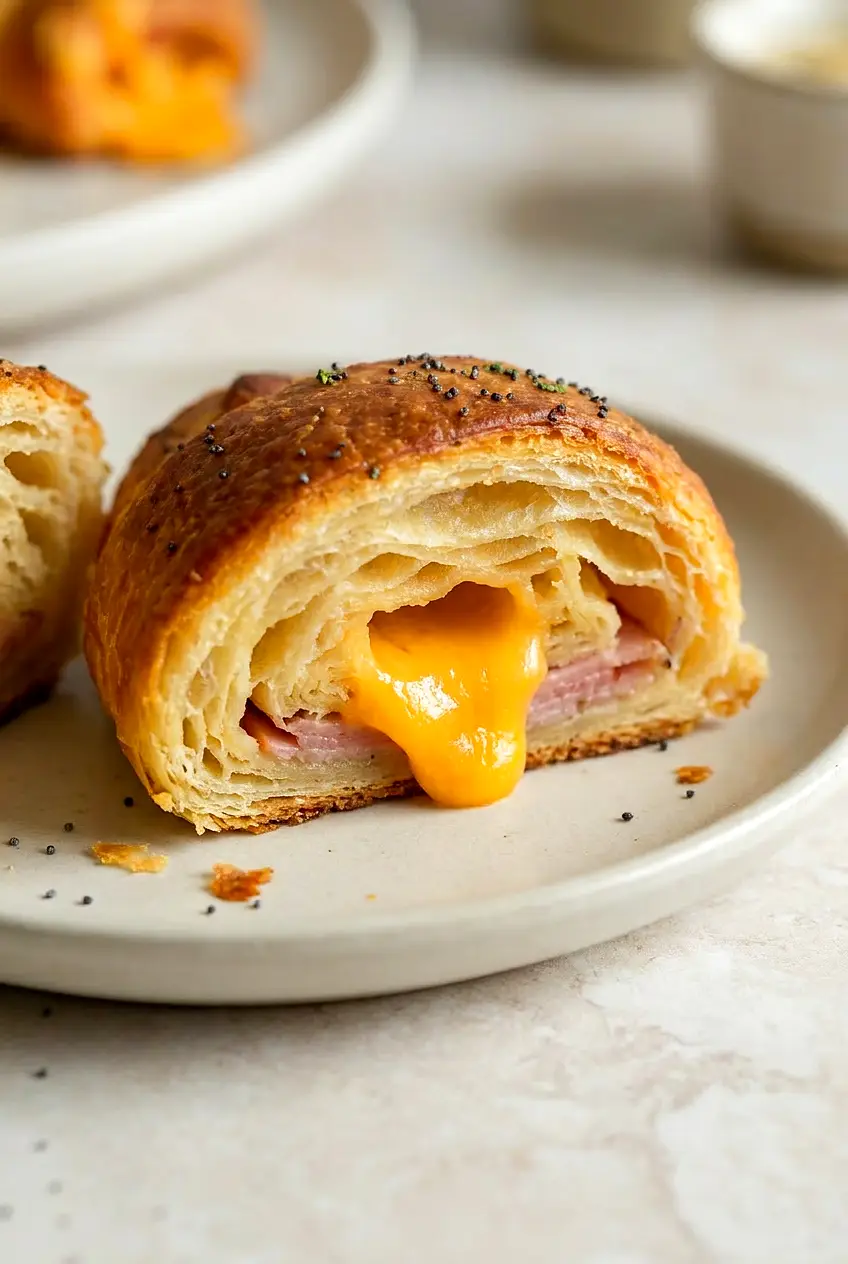 Close-up halved Air Fryer ham and cheese croissant, melted cheese and ham inside flaky layers, browned with crisp edges.