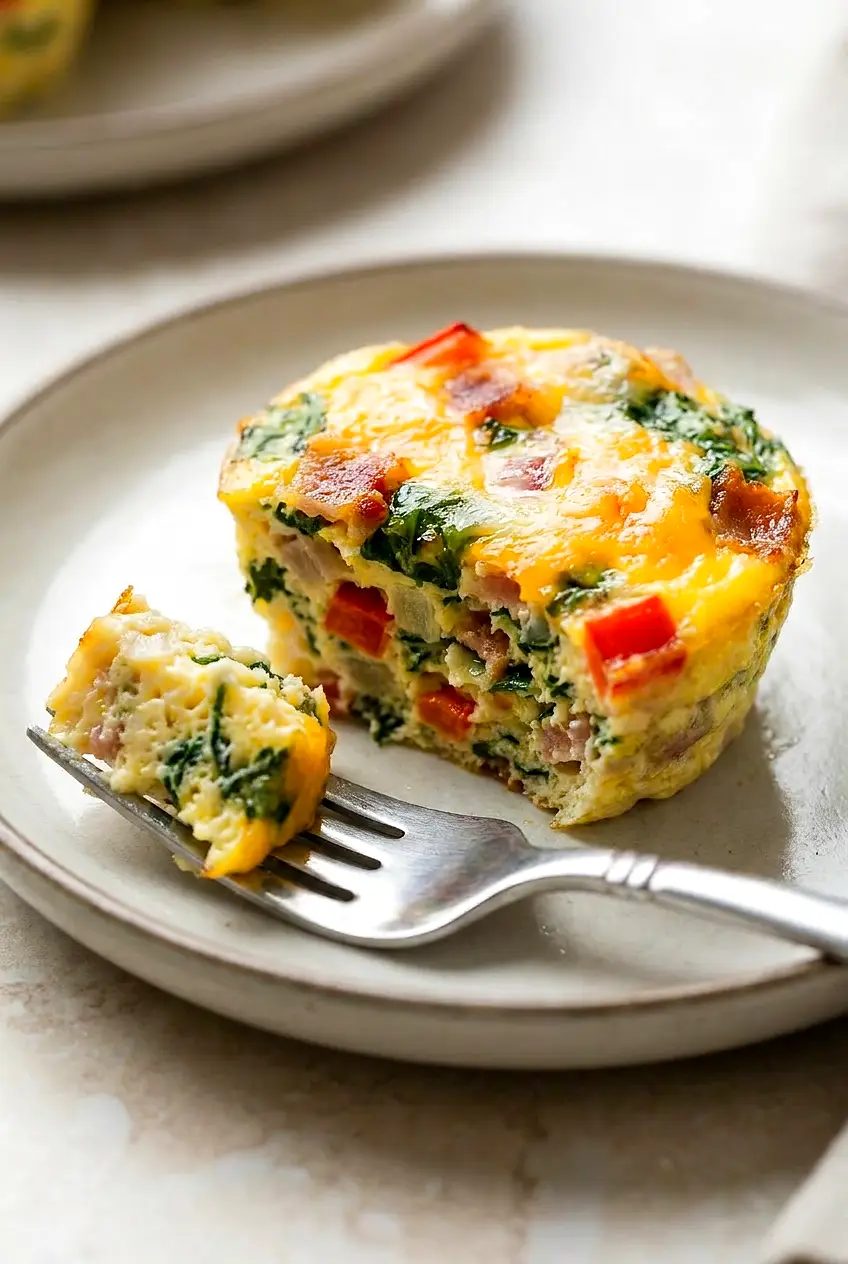 Close-up of a sliced air fryer egg bite showing a custardy interior with spinach, peppers, bacon, and melted cheese on top.