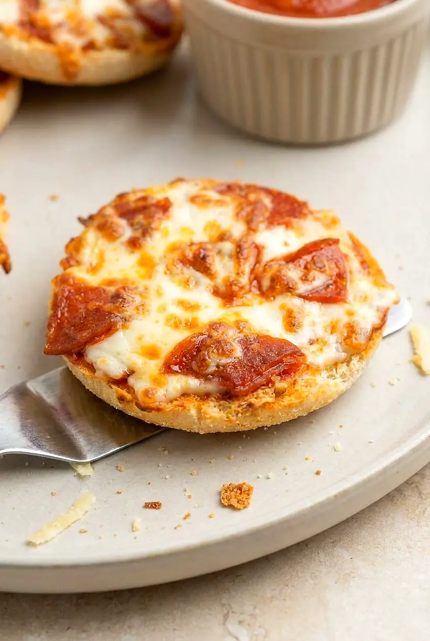 Close-up of an Air Fryer English Muffin Pizza half showing toasted interior, crisp rim, melted mozzarella, and cupped pepperoni.