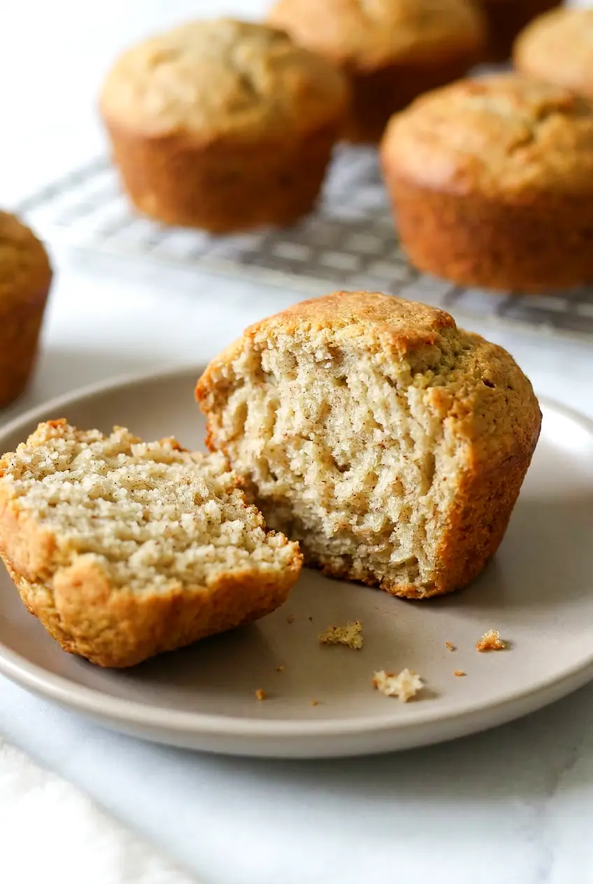 Close-up of an Air Fryer Banana Muffin torn open, showing tender, moist interior and subtle cinnamon specks on the crumb.