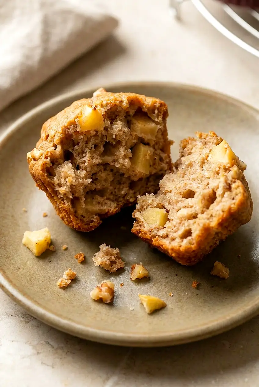 Close-up of an Air Fryer Apple Cinnamon Muffin split open, showing tender crumb with diced apple and walnut pieces.