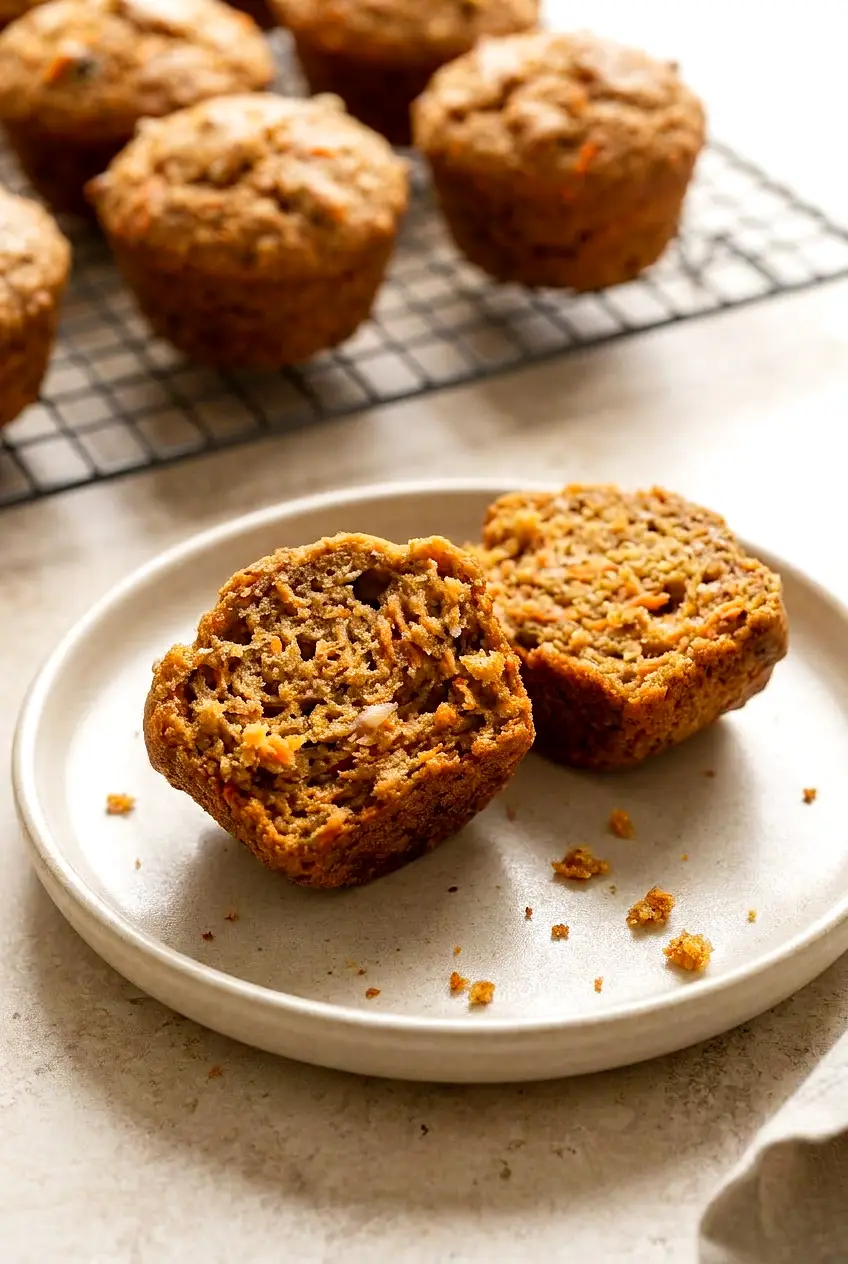 Close-up of a halved Air Fryer Carrot Muffin showing moist crumb with carrot shreds and gentle browning.