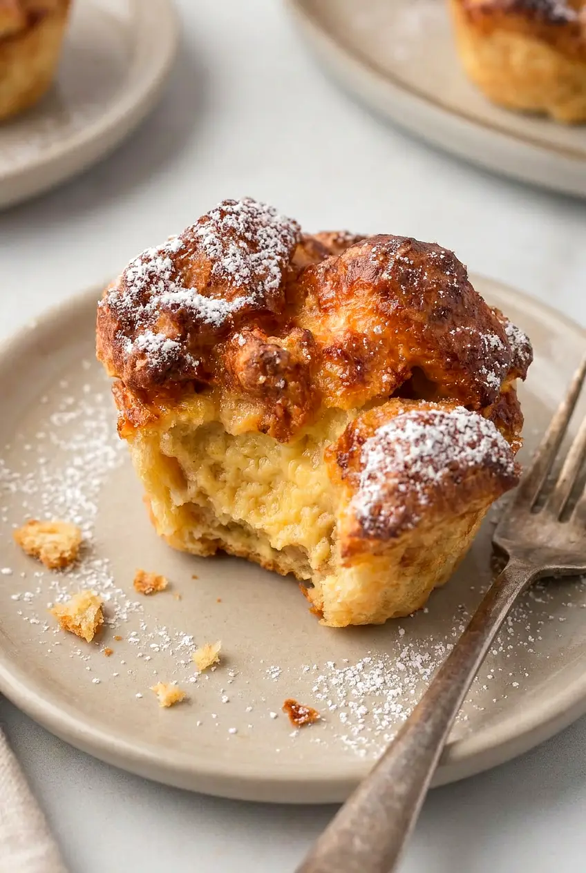 Close-up of an air fryer French toast muffin cut open, showing a custardy center and toasted edges, dusted with powdered sugar.