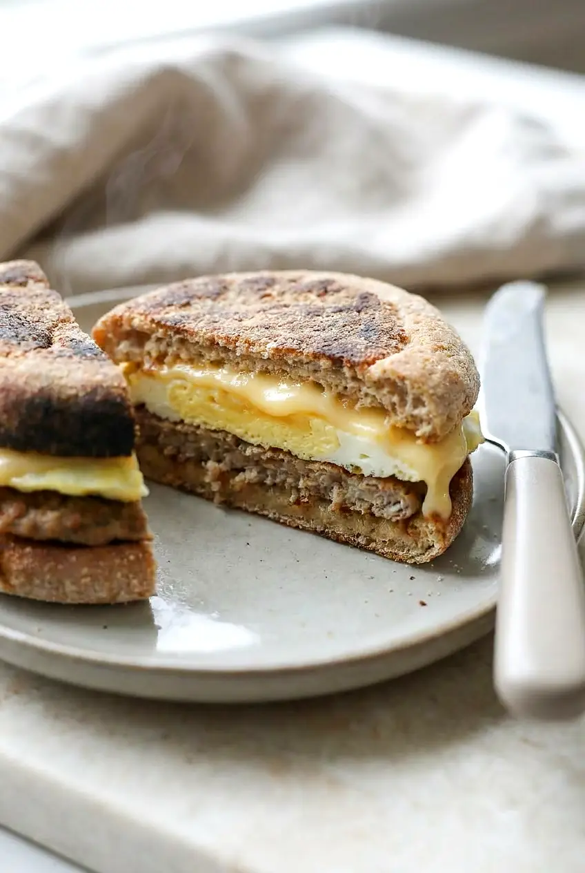Close-up cross-section of an Air Fryer breakfast sandwich showing browned muffin, sausage patty, tender egg, and melted cheese.