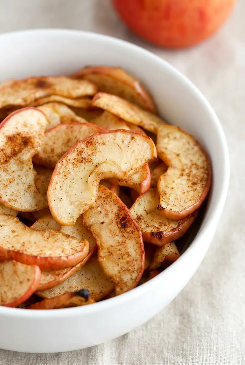 Close-up of air fryer apple slices showing the soft centers and lightly browned, tender edges.