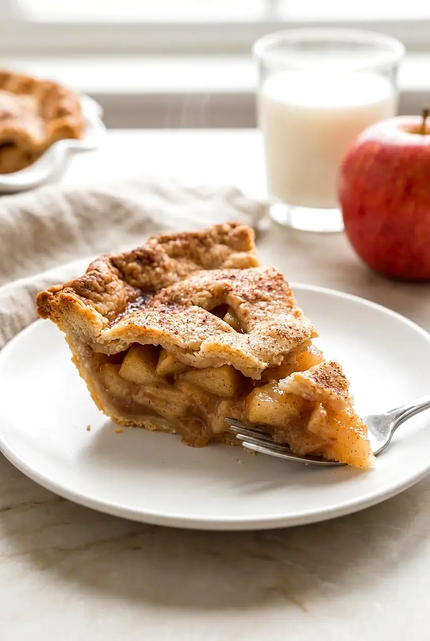Close-up of a sliced air fryer apple pie showing the bubbling apple filling and flaky golden crust