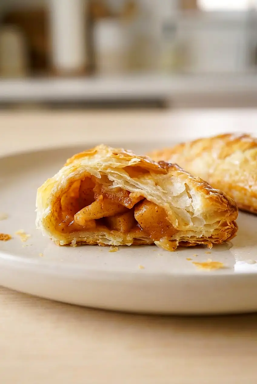 Close-up of air fryer apple turnovers showing the flaky crust and cinnamon apple filling