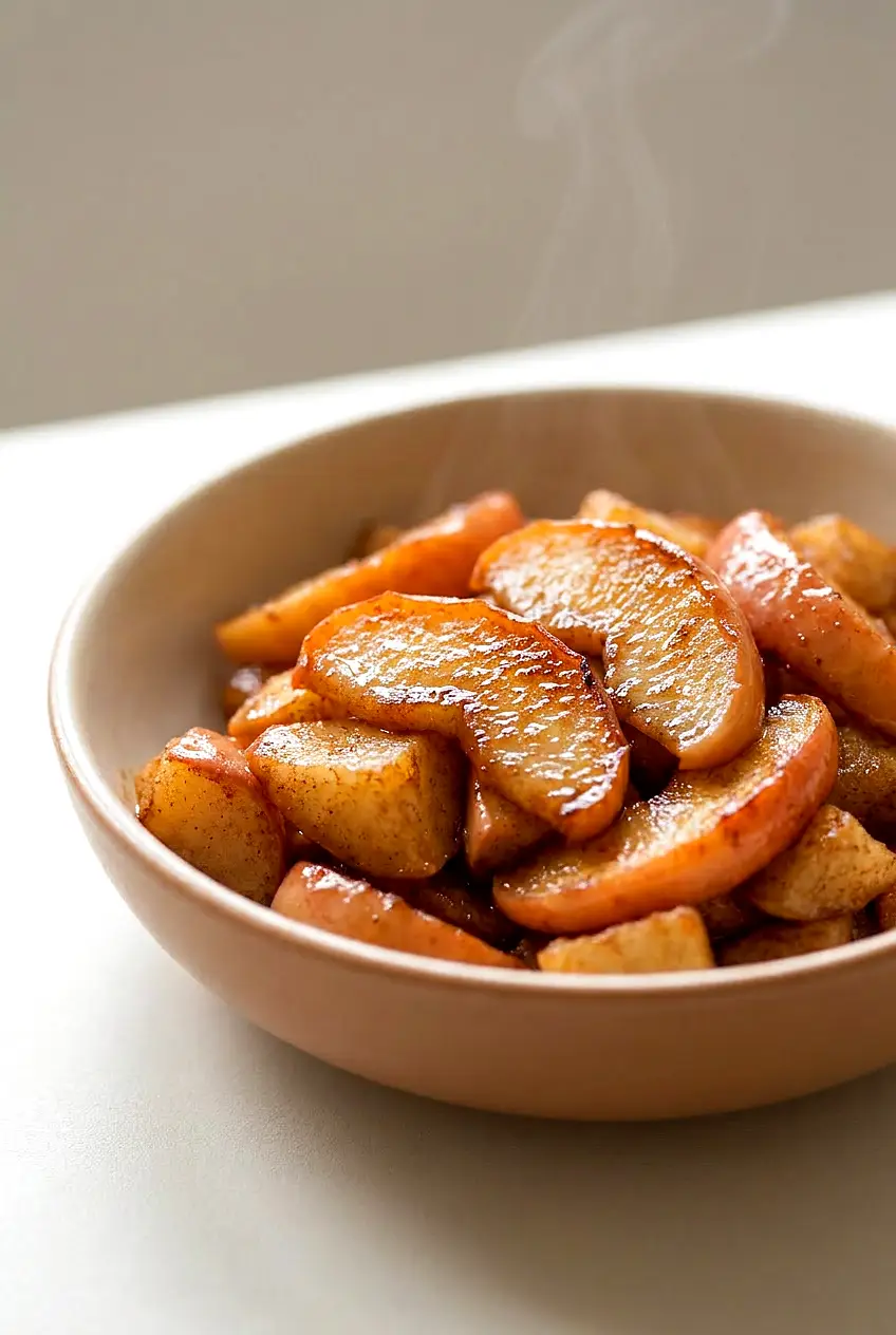Close-up of air fryer apples showing tender slices with caramelized edges and glossy cinnamon coating