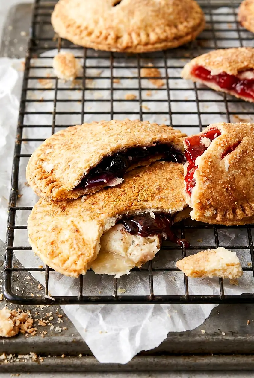 Close-up of an air fryer hand pie cut open to show the sweet filling and flaky crust