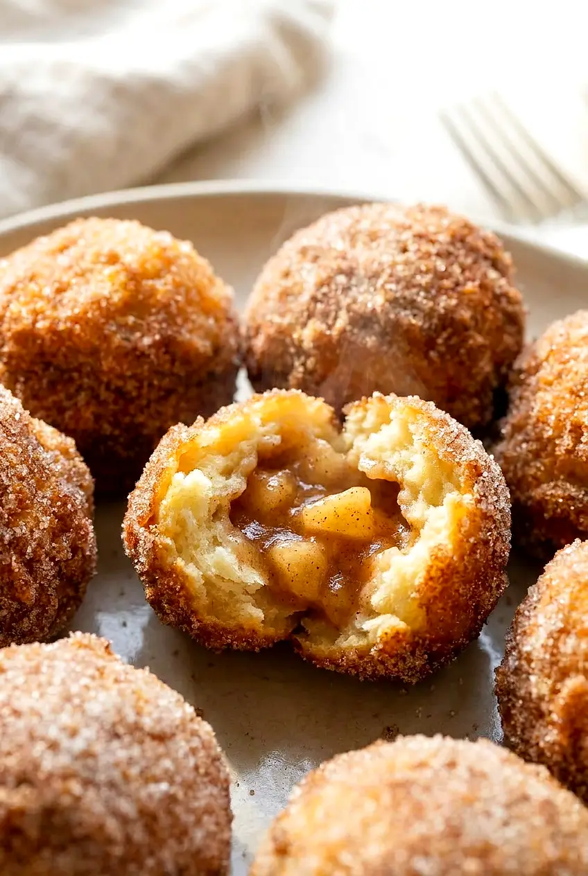 Close-up of a cut Air Fryer Apple Pie Bomb showing the warm apple filling and soft biscuit center