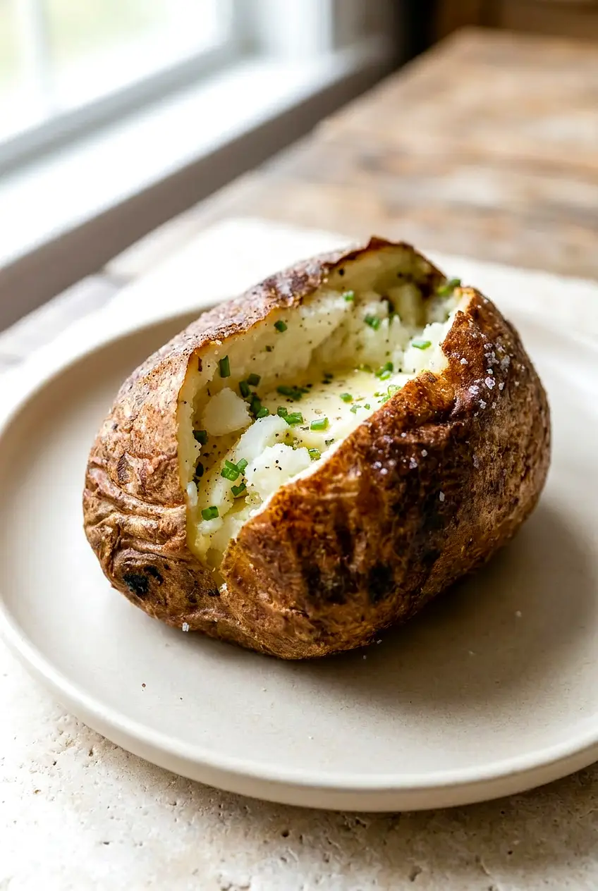Close-up of a cut-open air fryer baked potato showing a fluffy interior and crisp skin
