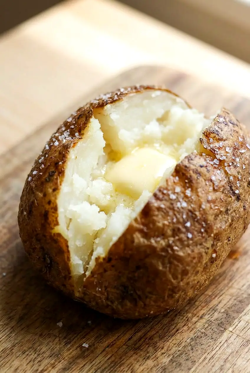 Close-up of an air fryer jacket potato cut open with a fluffy interior and crisp skin