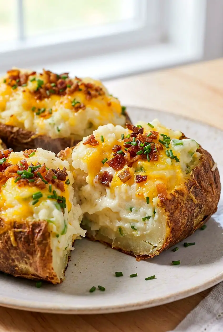Close-up of air fryer twice baked potatoes cut open to show the creamy cheddar filling and crisp skin