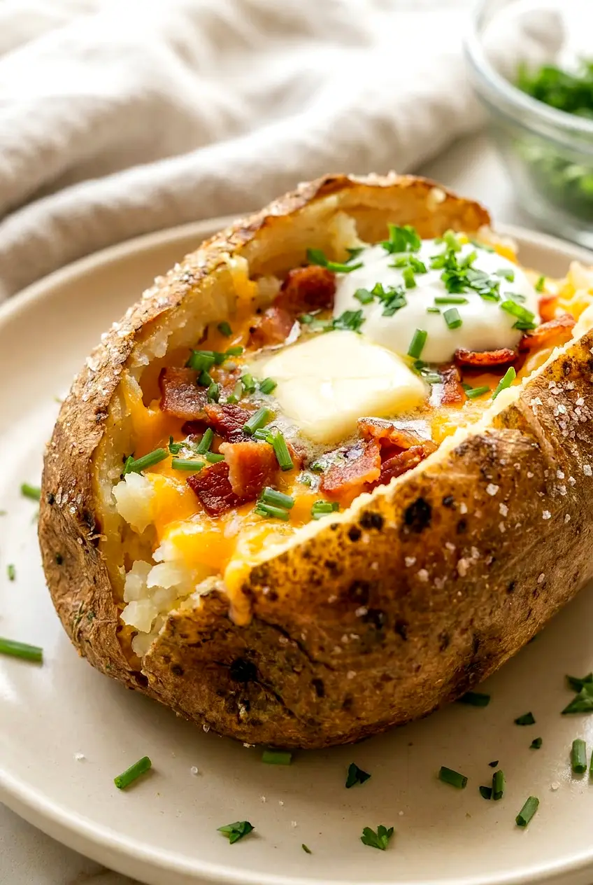 Close-up of an Air Fryer loaded baked potato cut open with fluffy potato inside and melted cheddar, bacon, and herbs