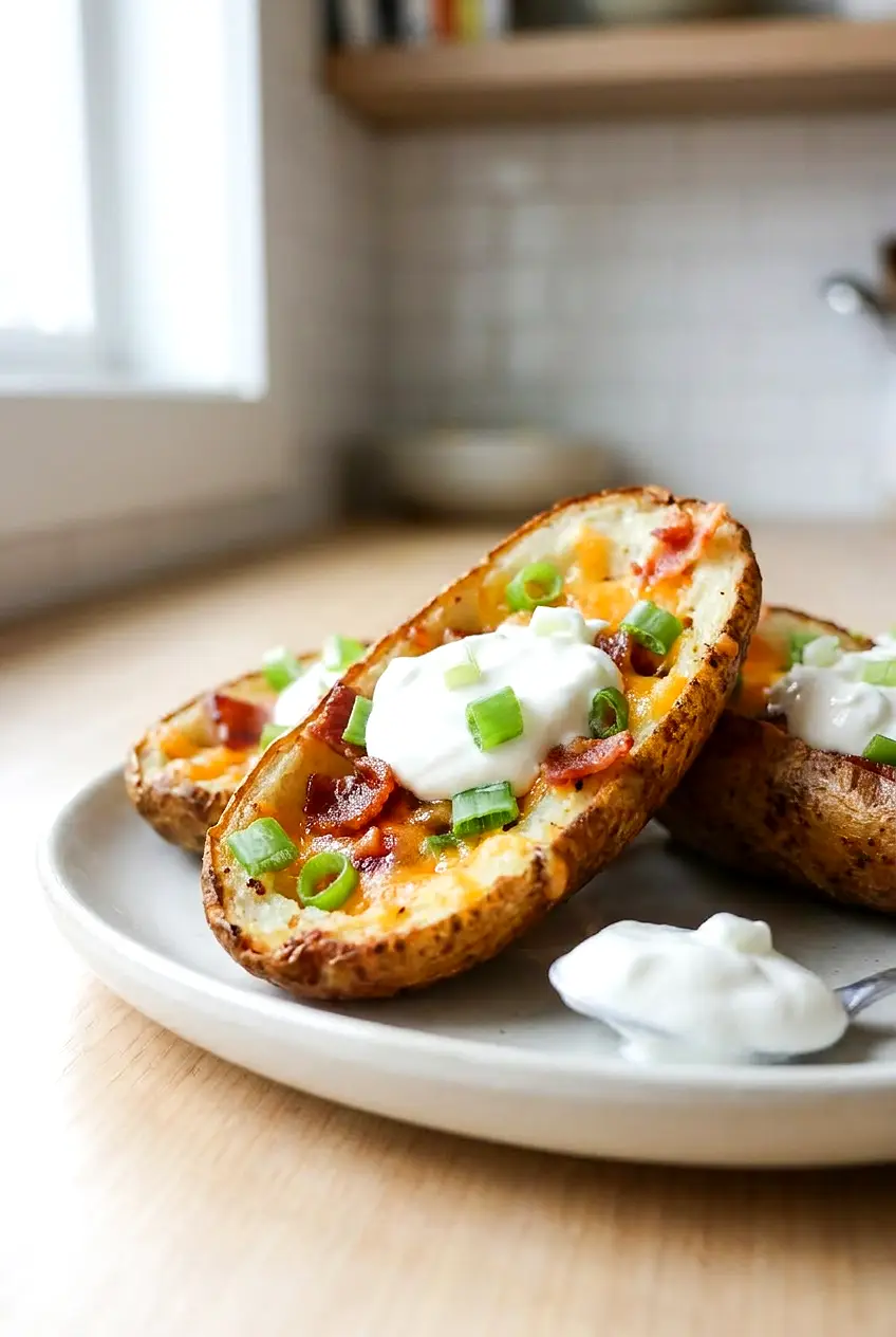 Close-up of air fryer potato skins showing crisp edges, melted cheese, bacon, and green onion garnish
