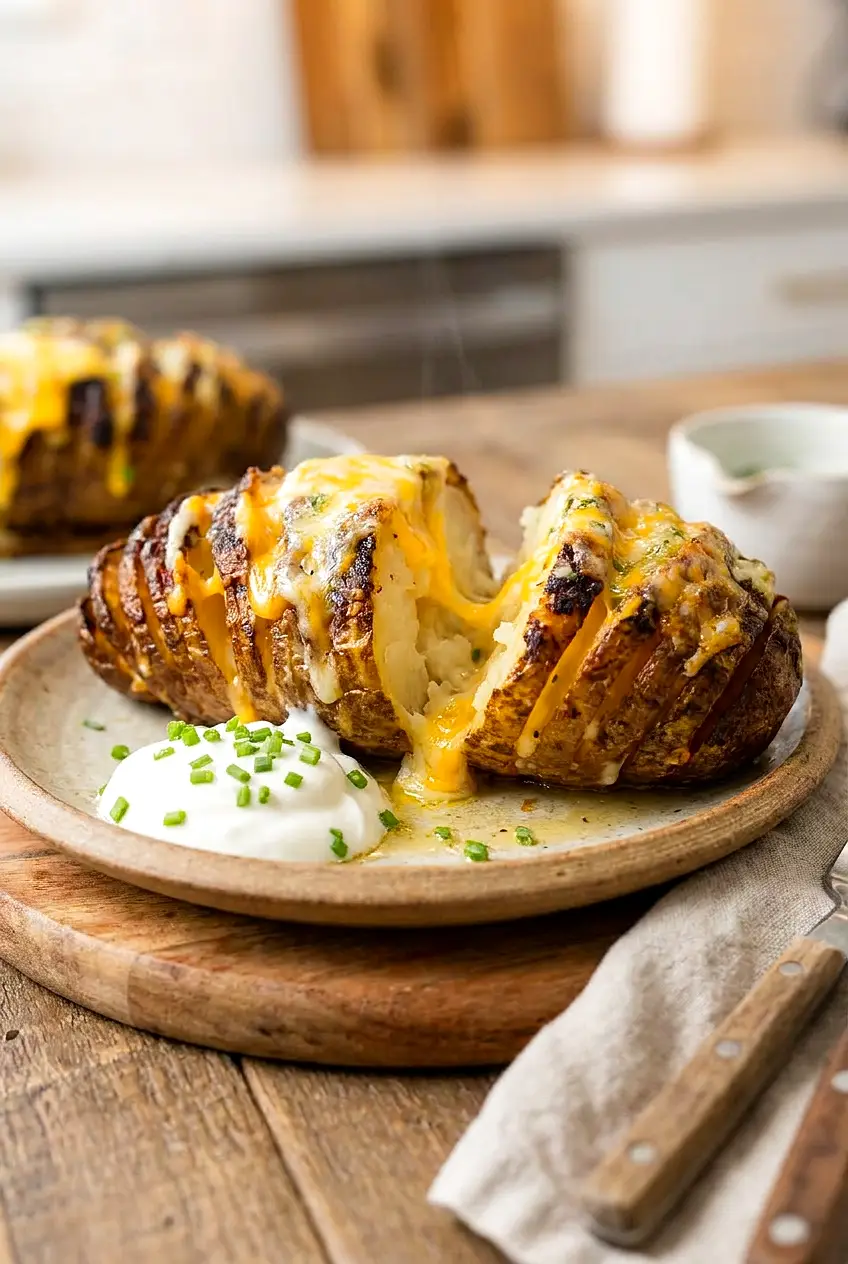Close-up of cheesy air fryer hasselback potatoes showing melted cheese and crisp sliced edges