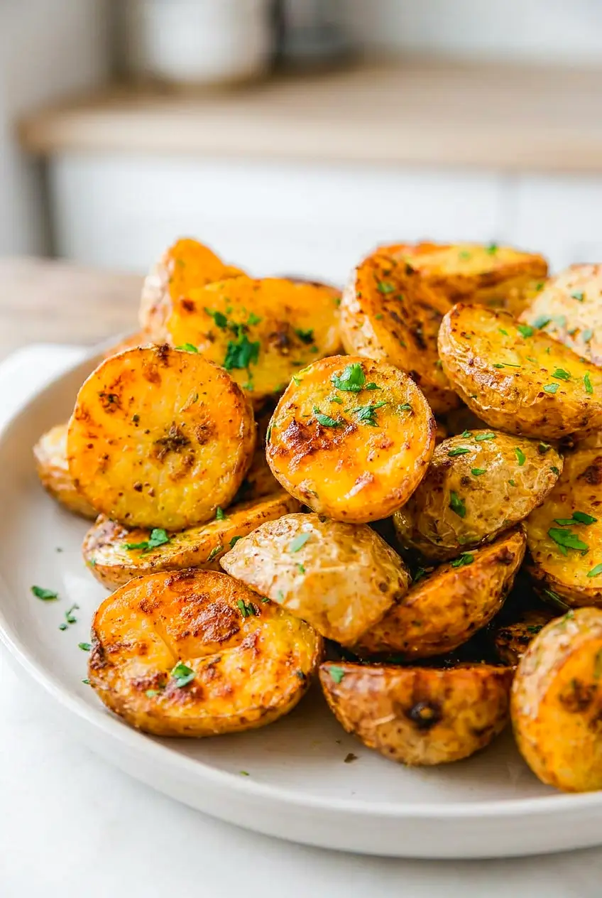 Close-up of air fryer baby potatoes showing crisp browned edges and tender golden centers with parsley