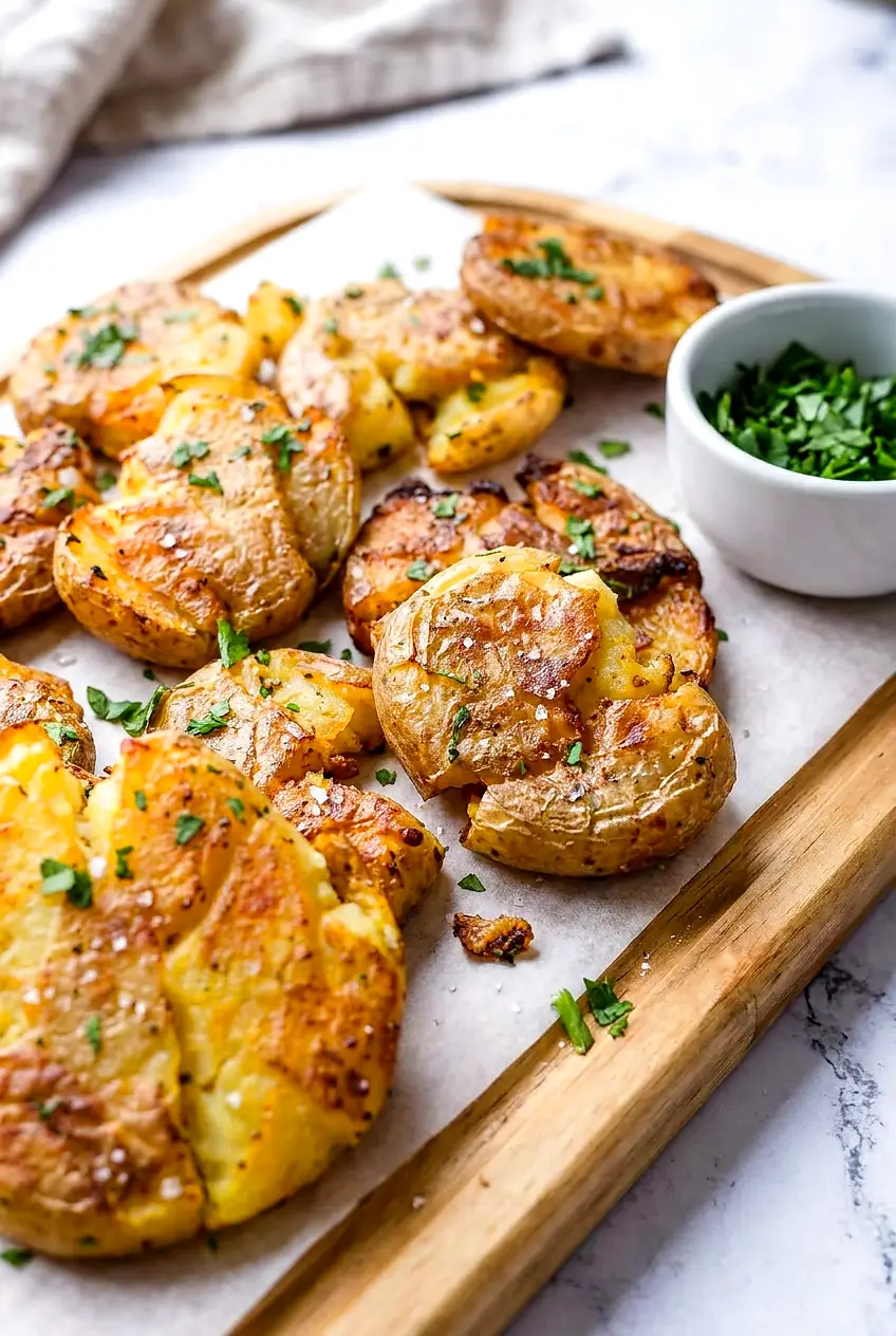 Close-up of air fryer smashed potatoes showing craggy golden edges and tender centers with parsley