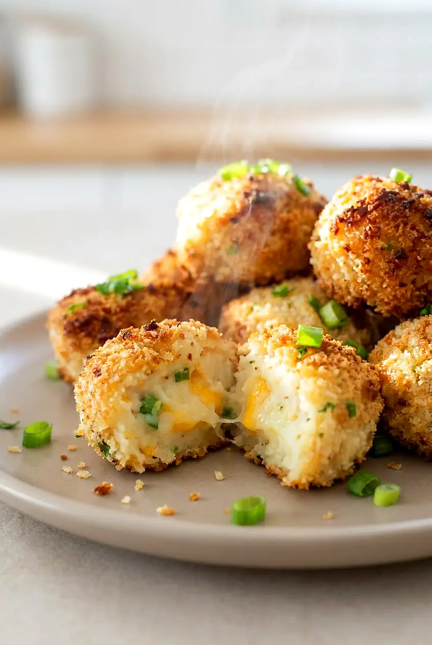 Close-up of air fryer mashed potato balls showing the crisp panko crust and soft potato filling
