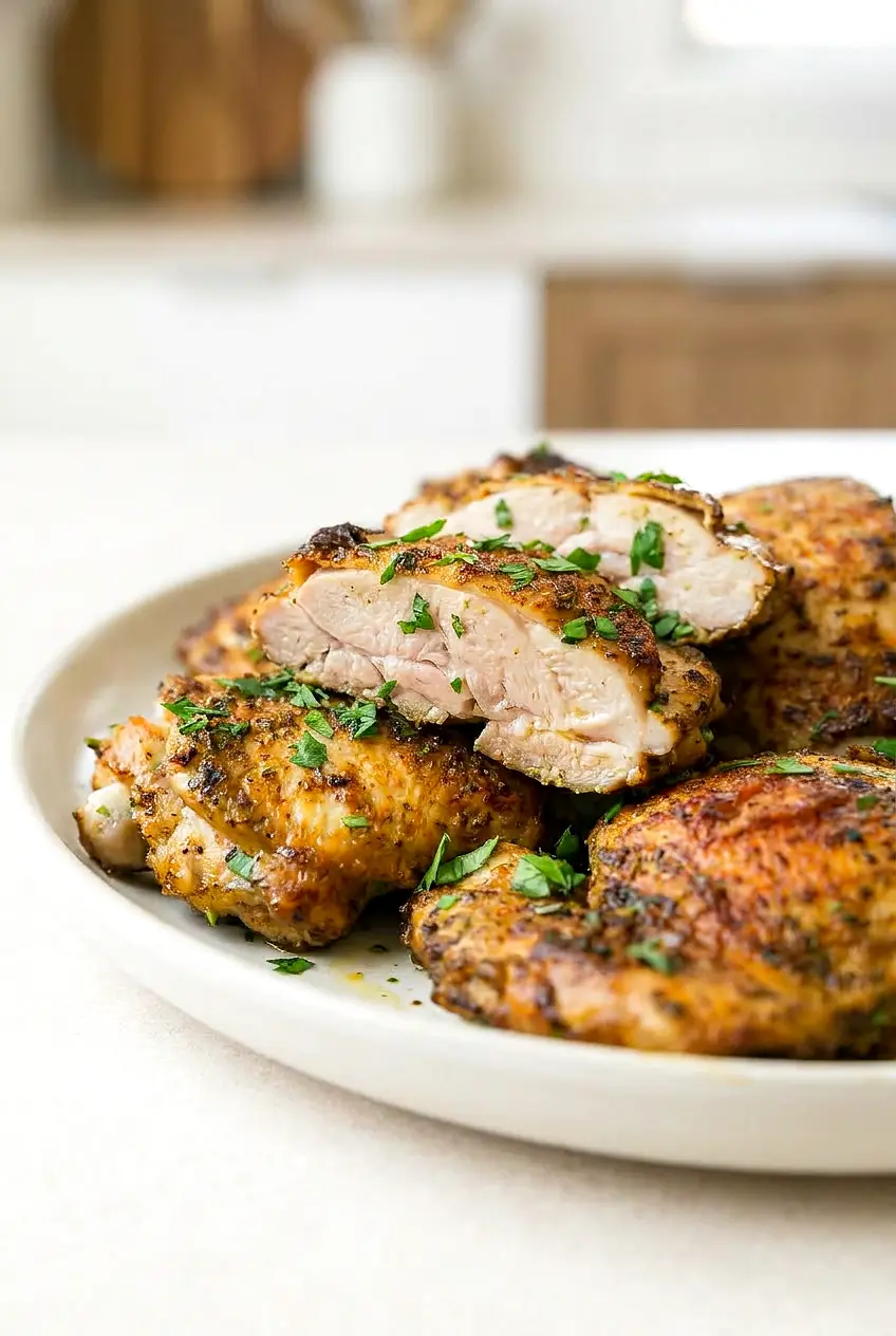Close-up of air fryer Greek yogurt chicken thighs showing juicy slices and browned seasoned edges