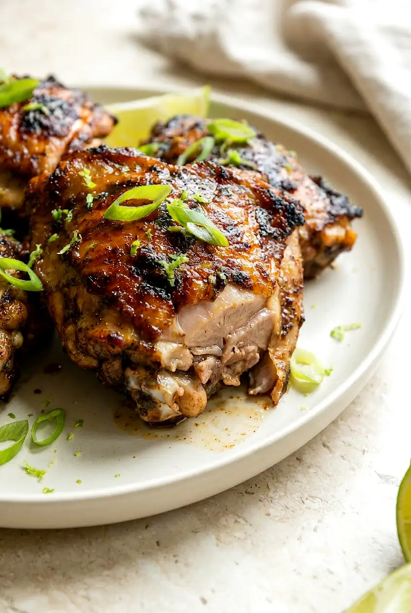 Close-up of air fryer Jamaican jerk chicken thighs showing juicy meat and blistered, browned skin