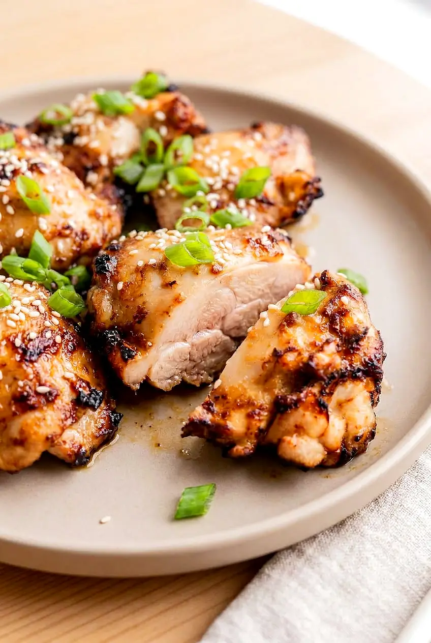 Close-up of air fryer miso chicken thighs showing juicy browned edges and sesame seed garnish.