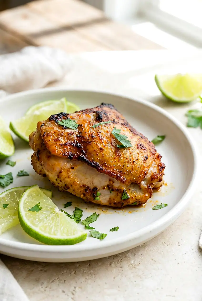 Close-up of air fryer cilantro lime chicken thighs with crisp browned skin and juicy meat