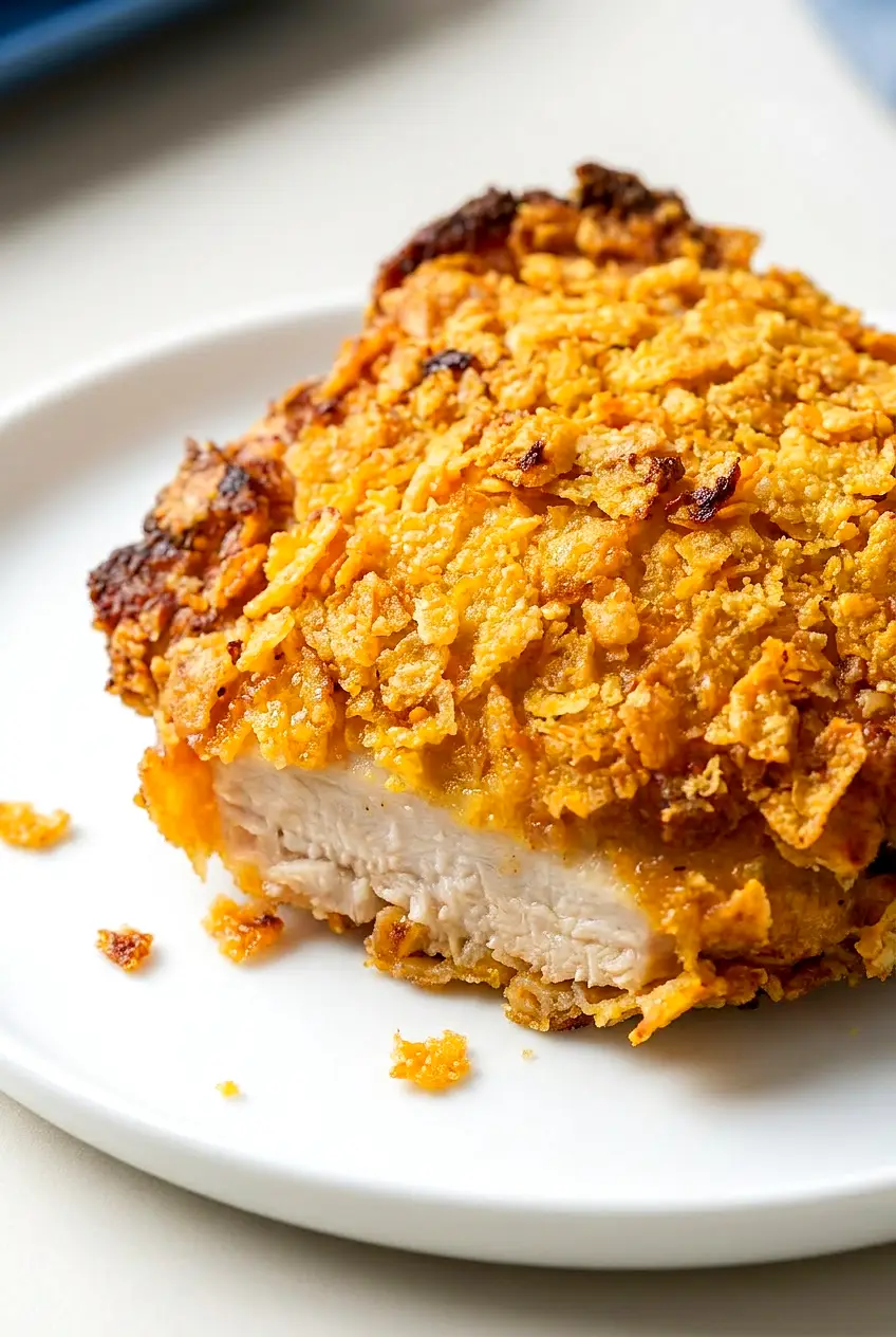 Close-up of Air Fryer Cornflake Chicken Thighs showing the crunchy cornflake crust and juicy interior