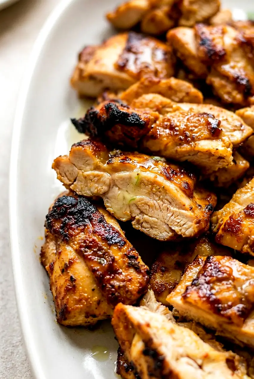 Close-up of air fryer chicken thighs for tacos showing juicy sliced pieces and caramelized edges
