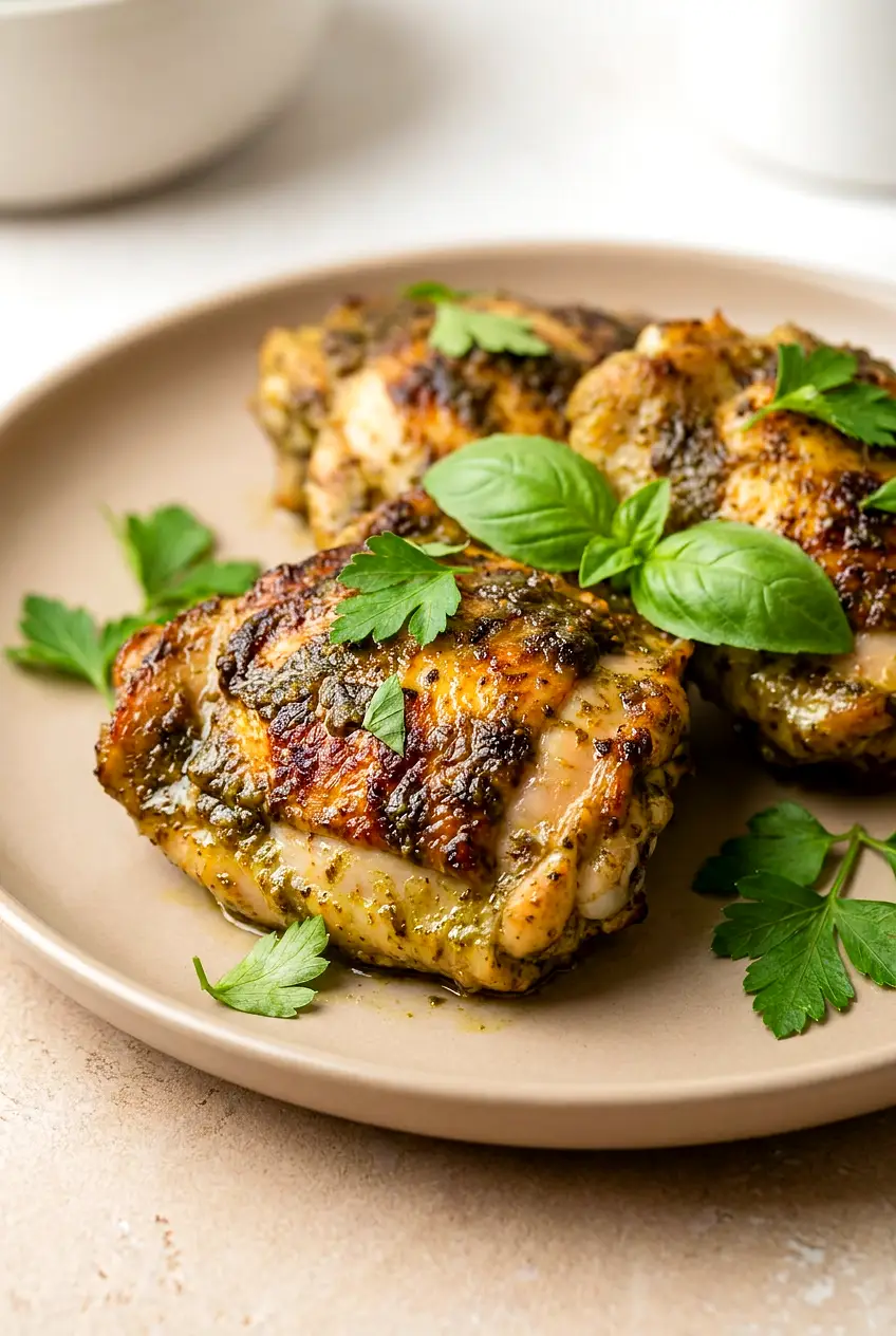 Close-up of air fryer pesto chicken thighs showing juicy meat and browned pesto edges.