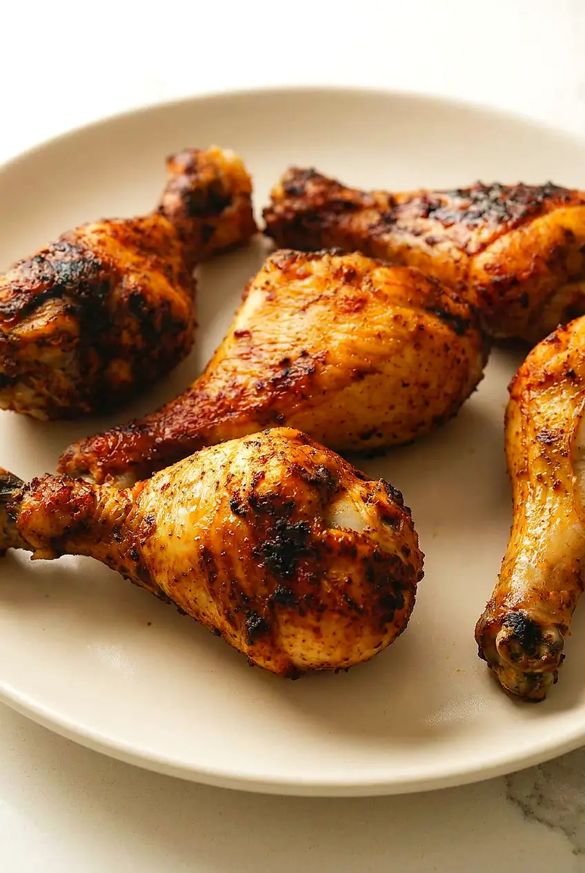Close-up of crispy air fryer chicken legs showing browned skin and juicy texture