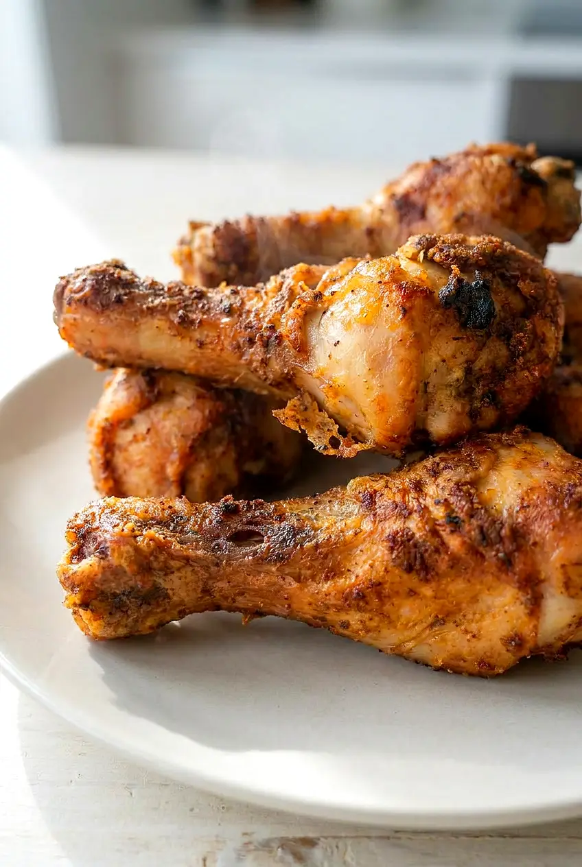 Close-up of extra crispy air fryer chicken legs showing crisp golden skin and juicy meat