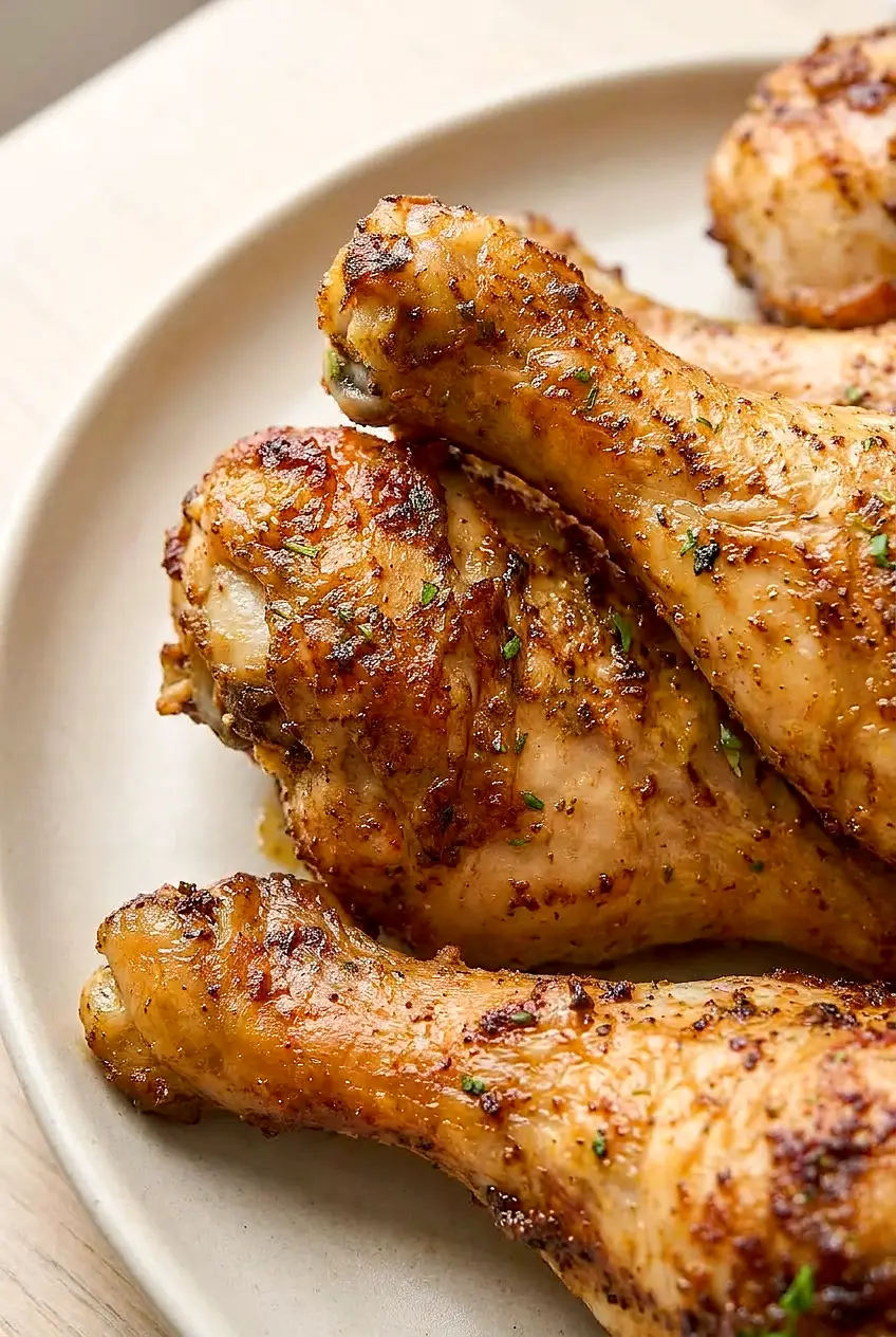 Close-up of air fryer chicken drumsticks showing crisp browned skin and juicy meat on the bone