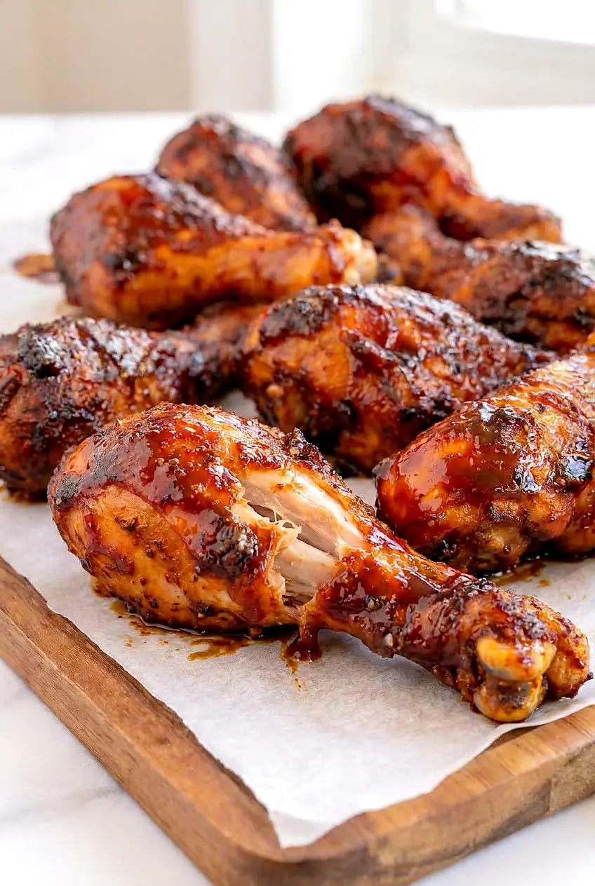 Close-up of Air Fryer BBQ Chicken Legs with glossy glaze, browned edges, and juicy meat
