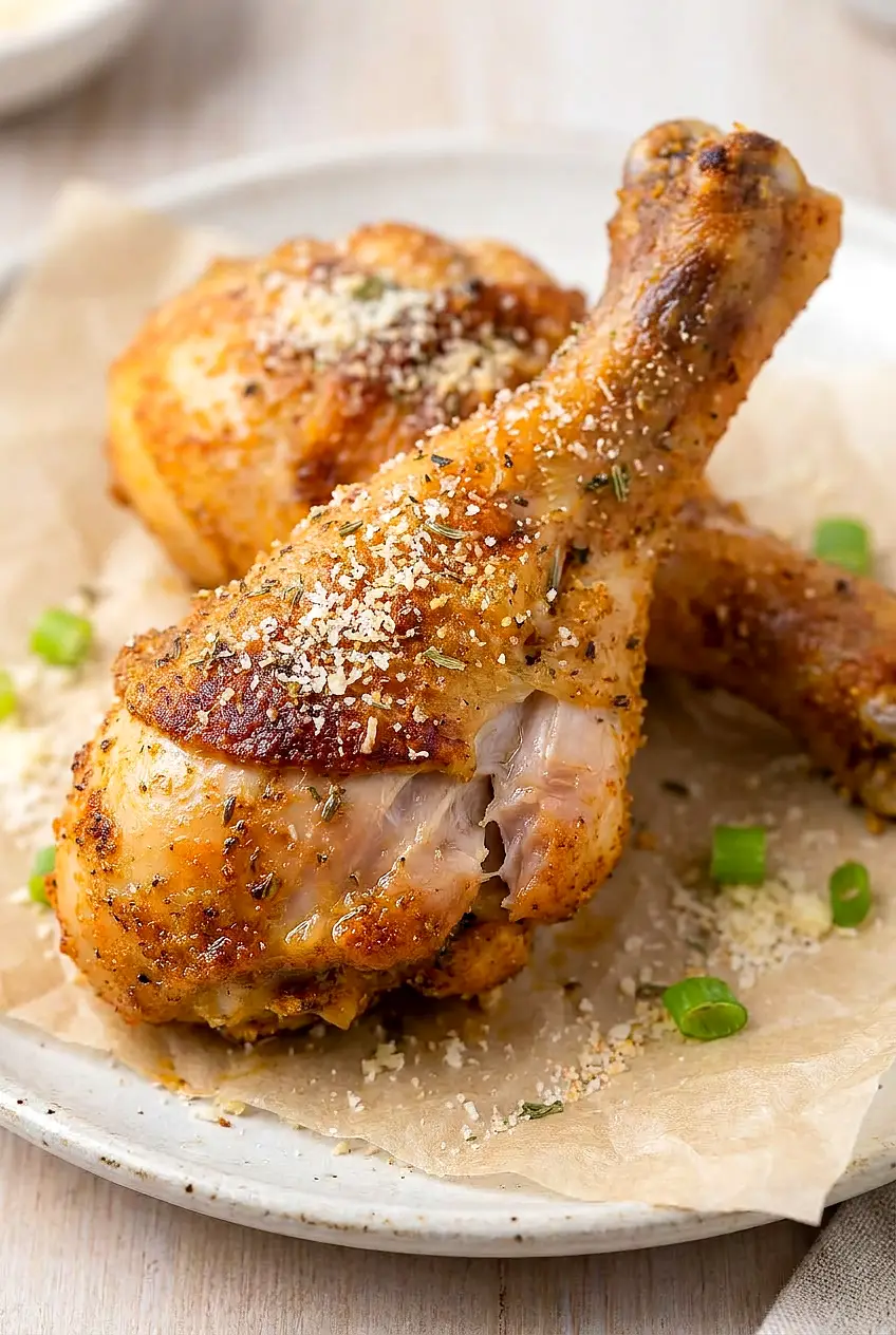 Close-up of Air Fryer Garlic Parmesan Chicken Legs showing browned skin and crispy Parmesan seasoning