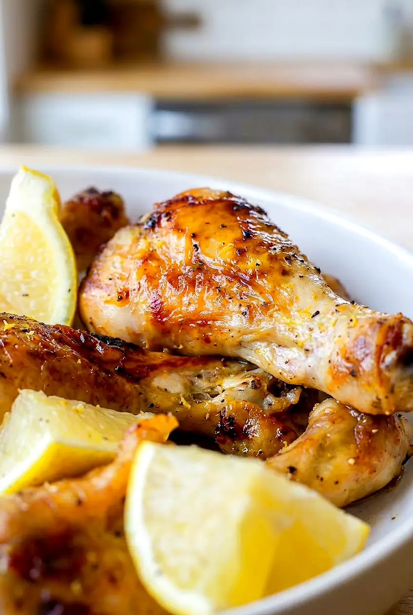 Close-up of air fryer lemon pepper chicken drumsticks showing crisp skin, seasoning, and juicy meat.