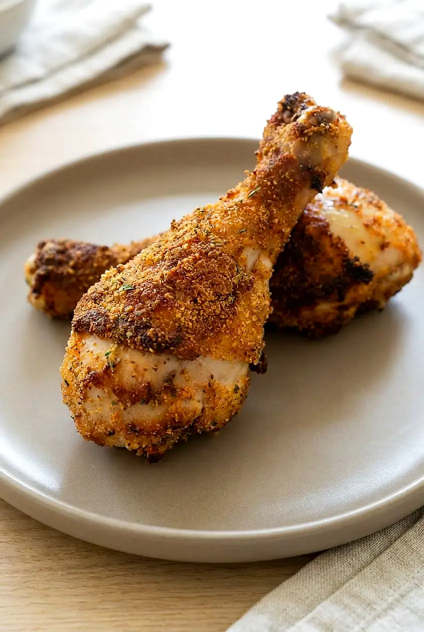 Close-up of air fryer breaded chicken legs showing the crunchy golden coating