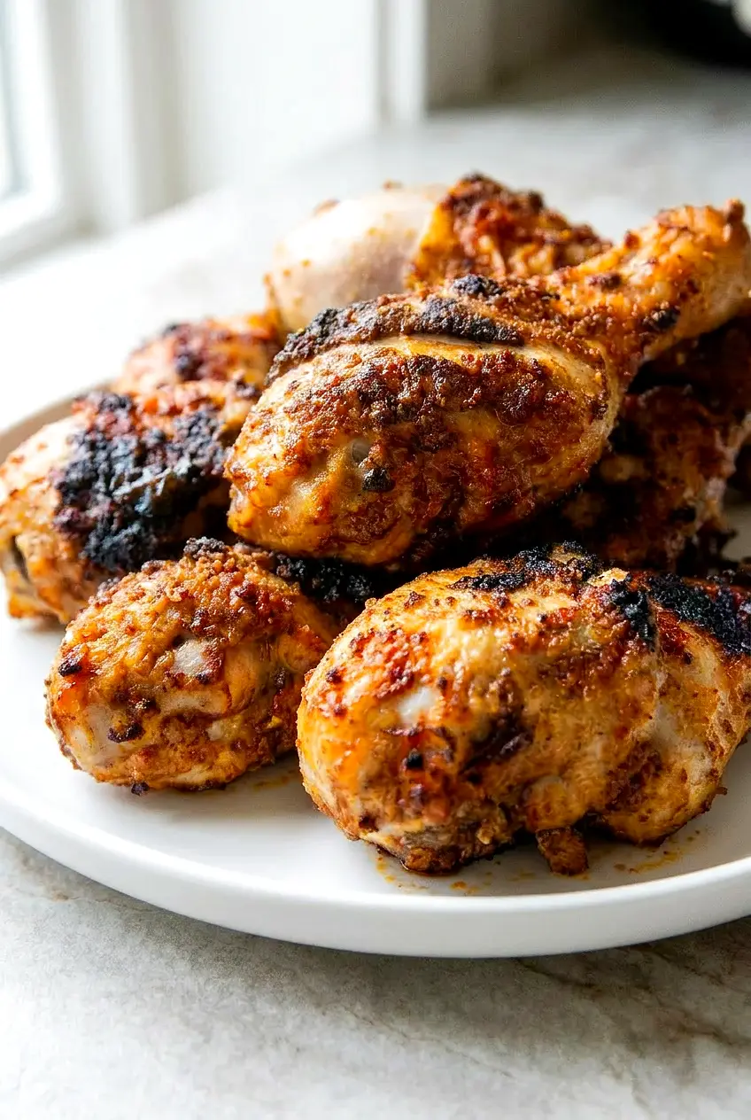 Close-up of air fryer brown sugar chicken legs showing caramelized skin and juicy roasted texture