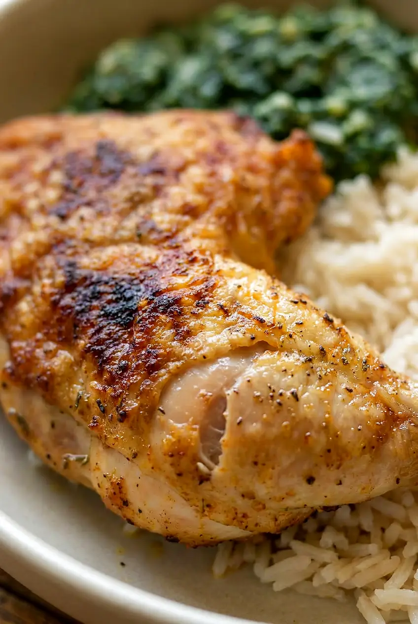 Close-up of air fryer chicken leg quarters with crisp skin and juicy meat