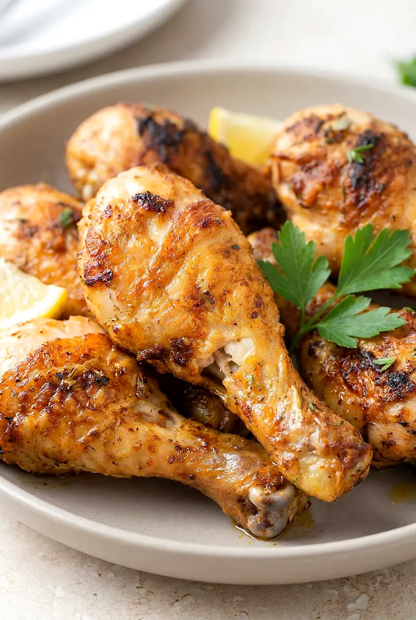 Close-up of keto air fryer chicken drumsticks with crisp, golden skin and visible seasoning.